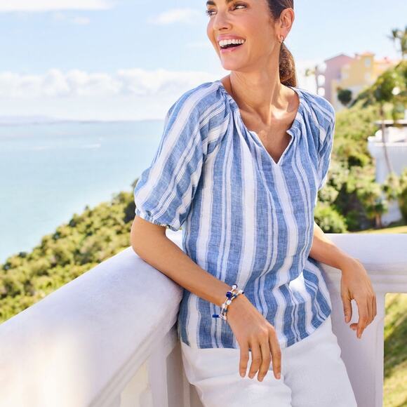 Talbots Breathable Linen Popover Dreamy Stripe Beachy Blouse MP - Picture 1 of 6